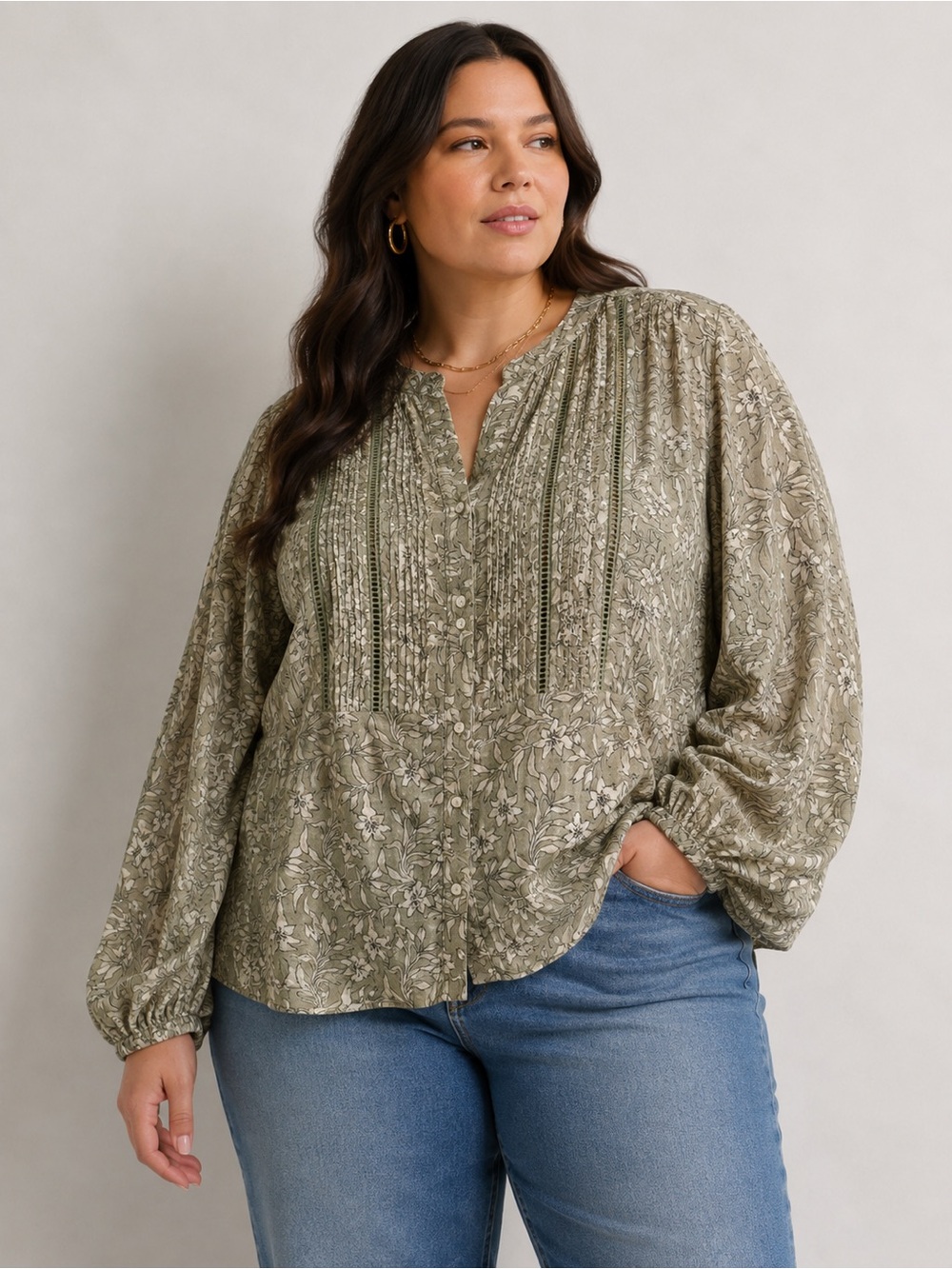 NATION Los Angeles Olive Green‎ Floral Pintuck Peasant Blouse XXL
